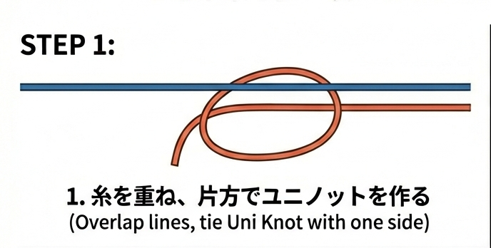 STEP 1:糸を重ねて片方でユニノットを作る